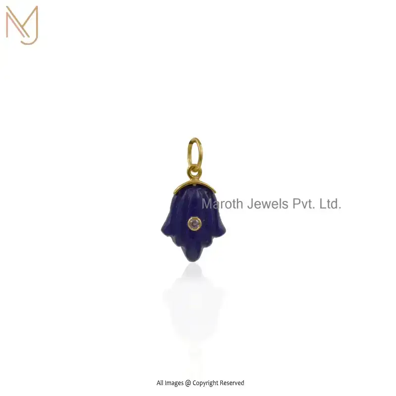 14K Yellow Gold Amazonite & Pink Sapphire And CZ Gemstone Hamsa Evil Eye Pendant USA