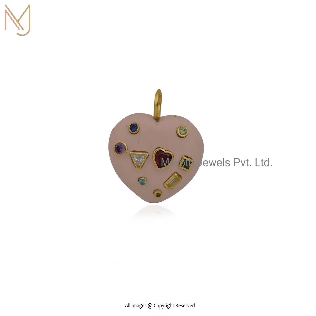 925 Silver Yellow Gold Plated Pink Opal Multi Gemstone Heart Pendant Jewelry Supplier
