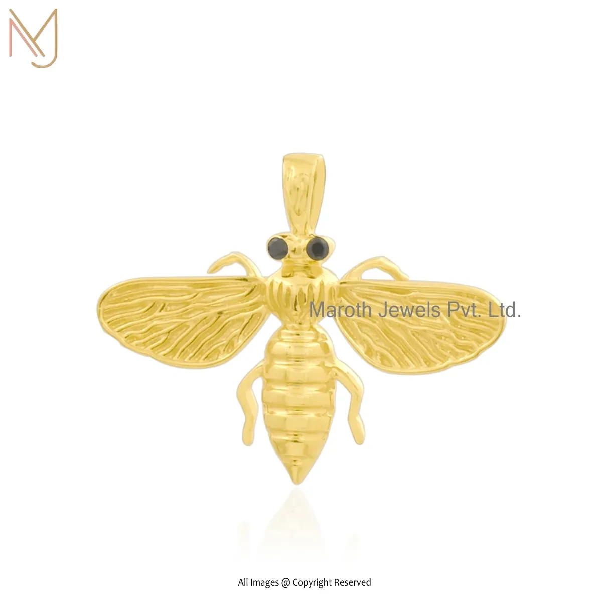 Wholesale 925 Sterling Silver Yellow Gold Plated Black Cubic Zircon Bee Charm Pendant