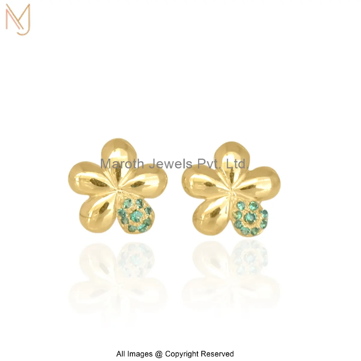 925 Silver Yellow Gold Plated Emerald Flower Stud Earring Manufacturer