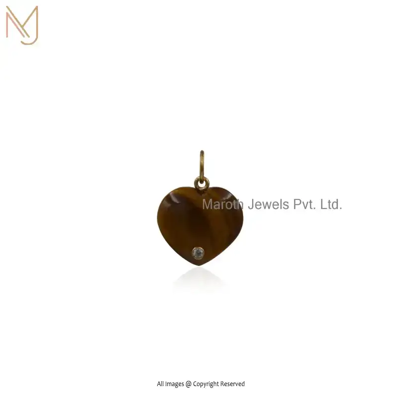 14K Yellow Gold Tiger's Eye & White Cubic Zircon Heart Pendant Manufacturer