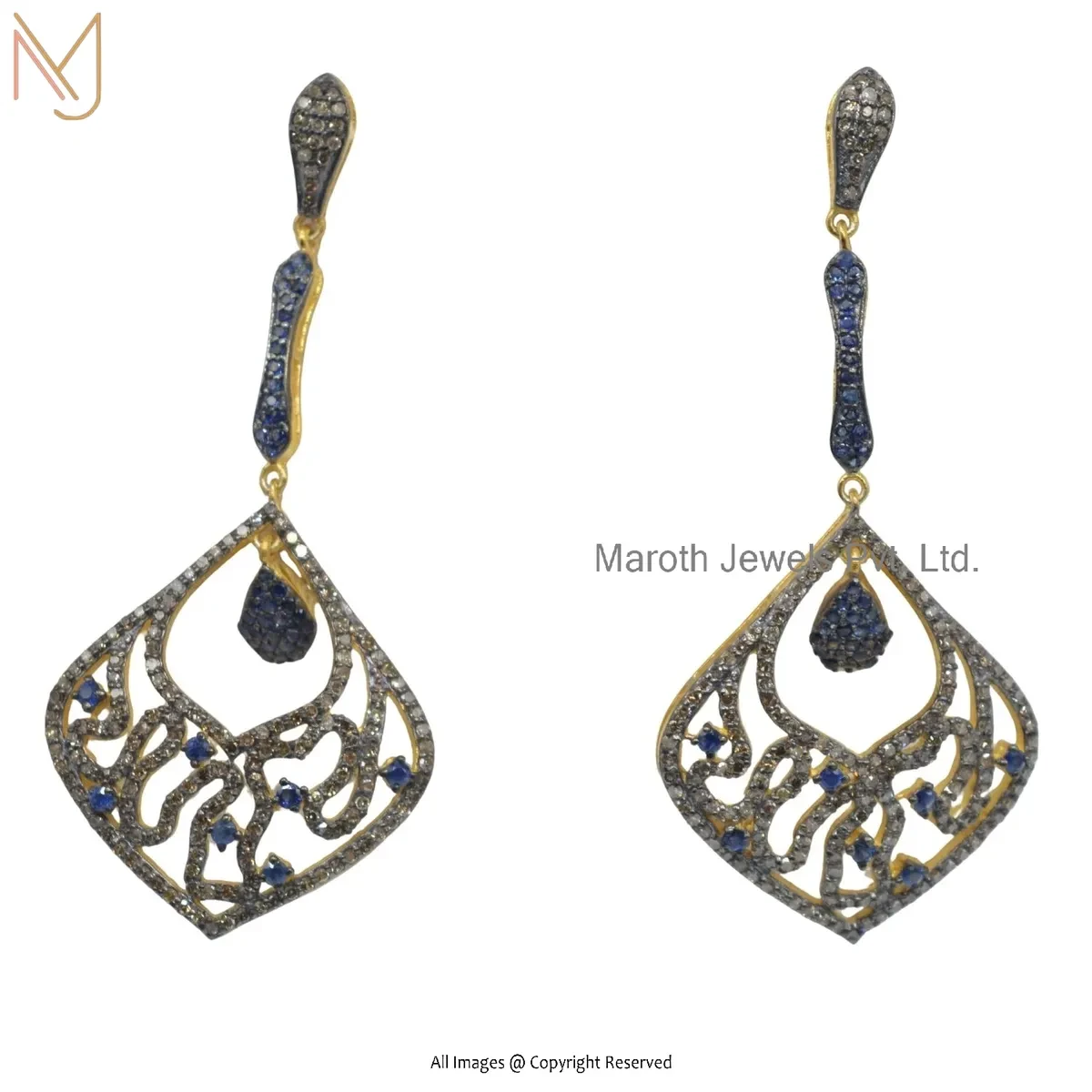 Private Lable 14K Yellow Gold Pave Dimaond & Blue Sapphire Gemstone Drop Earring