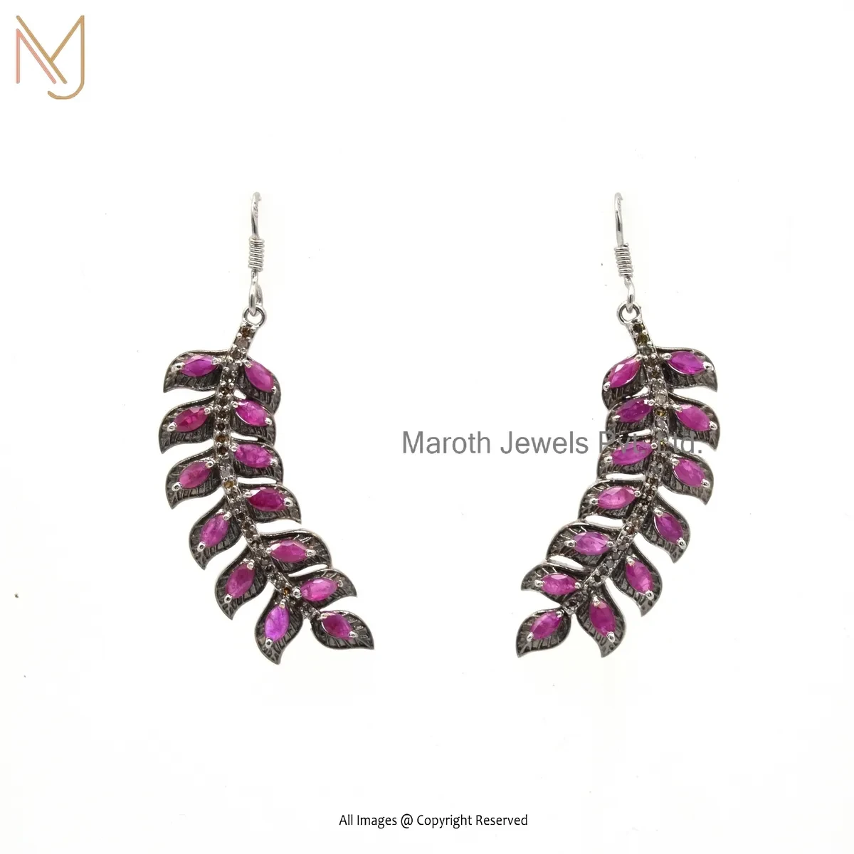 925 Silver Natural Silver Plated Diamond Ruby Leaf Shape Dangle Earring Custom Jewelry
