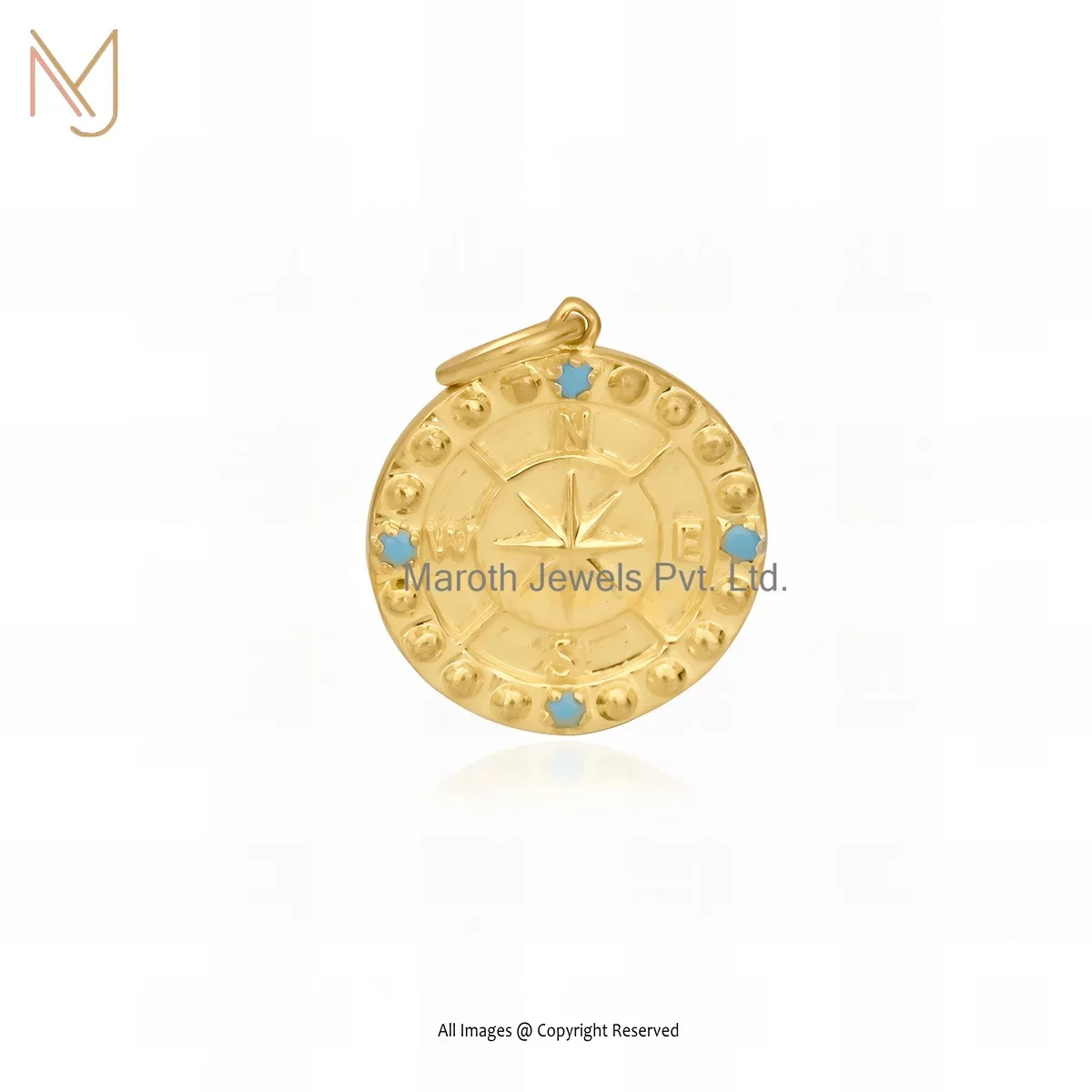 14K Yellow Gold Turquoise Elongated Compass Pendant Custom Jewelry