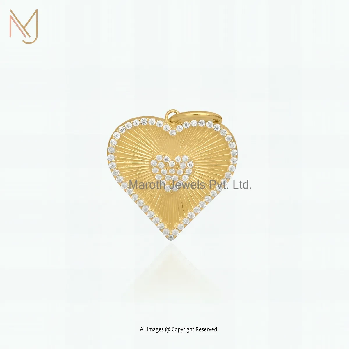 14K Soild Yellow Gold Cubic Zircon Fluted Heart Pendant Custom Jewelry