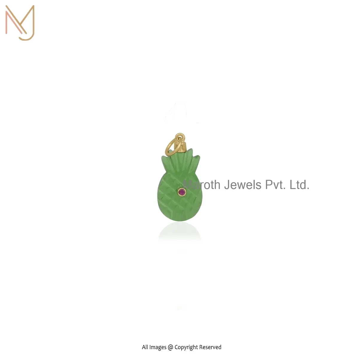 Private Lable 14K Yellow Gold Ruby Cubic Zircon & Green Opal Pineapple Pendant