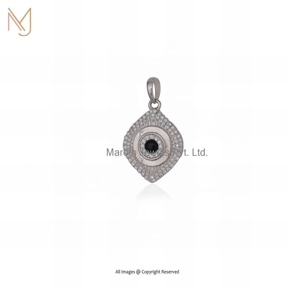 14K White Gold Moissanite & Black Spinel Evil Eye Pendant Custom Jewelry