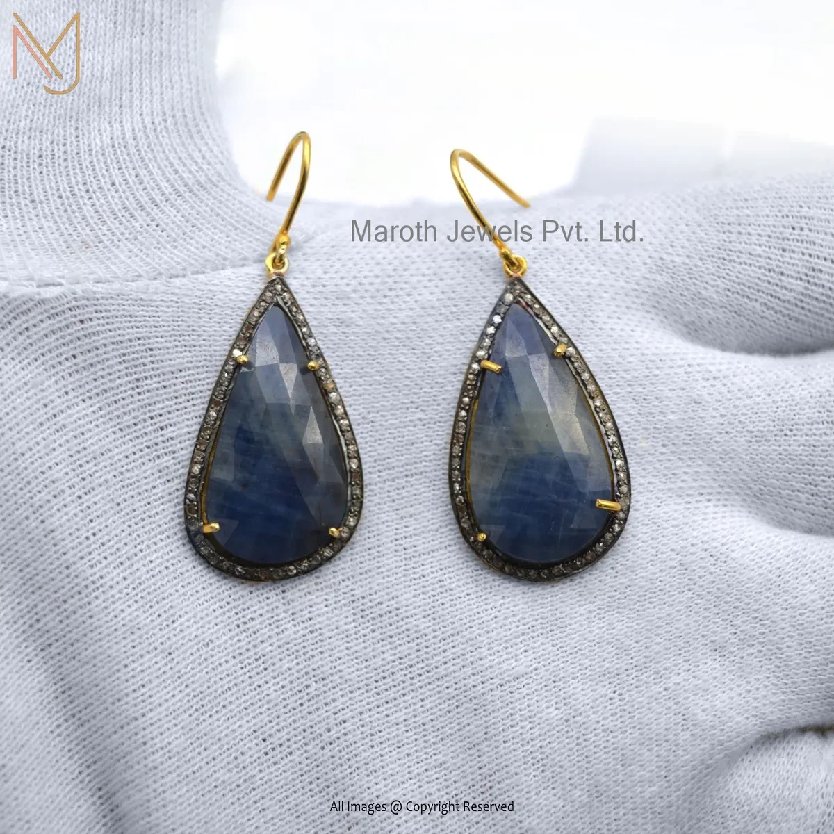 925 Silver Yellow Gold Plated Pave Diamond Blue Sapphire Dangle Earring Manufacturer