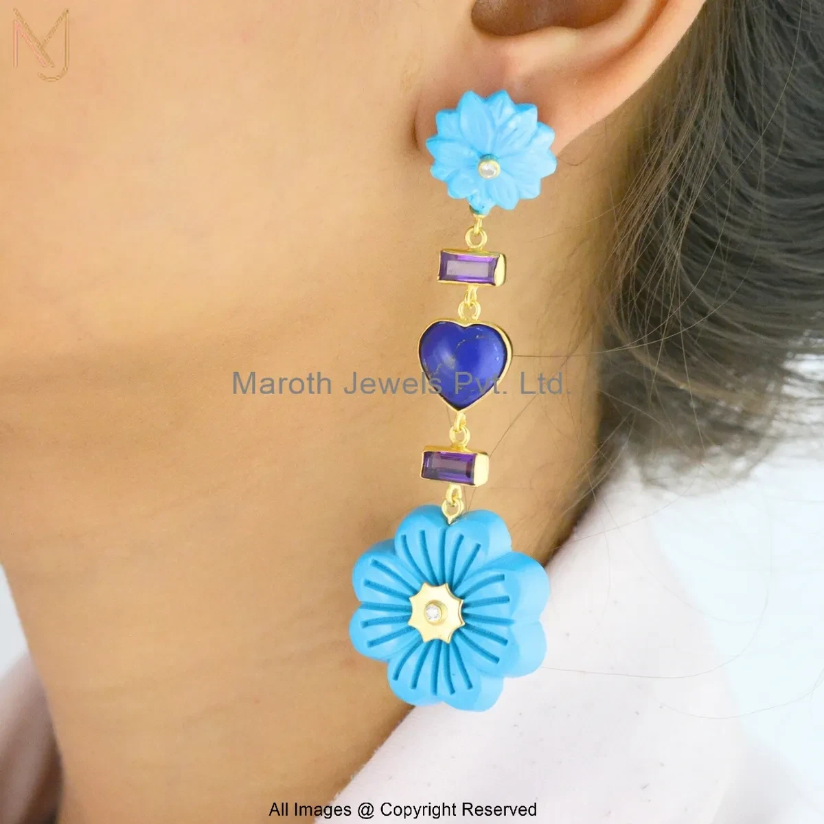 14K Yellow Gold Lapiz Lazuli , Amethyst , White Topaz , Turquoise Carved Flower Dangle Earring USA