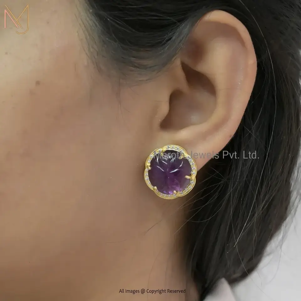 14K Yellow Gold Cubic Zircon Amethyst Stud Earring Manufacturer