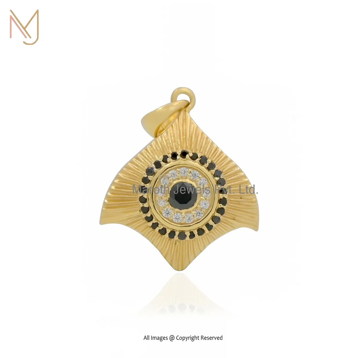 14K Yellow Gold Black Spinel & Black Cubic Zircon Fluted Fish Eye Pendant USA