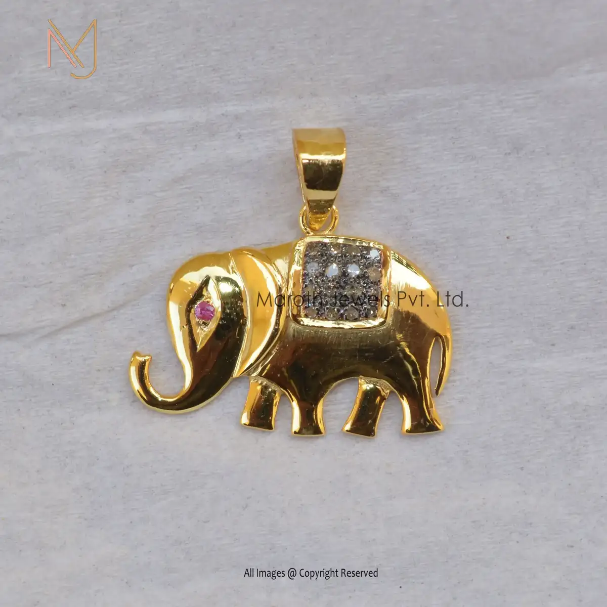 14K Yellow Gold RH Diamond Pink Sapphire Elephant Pendant Jewelry USA