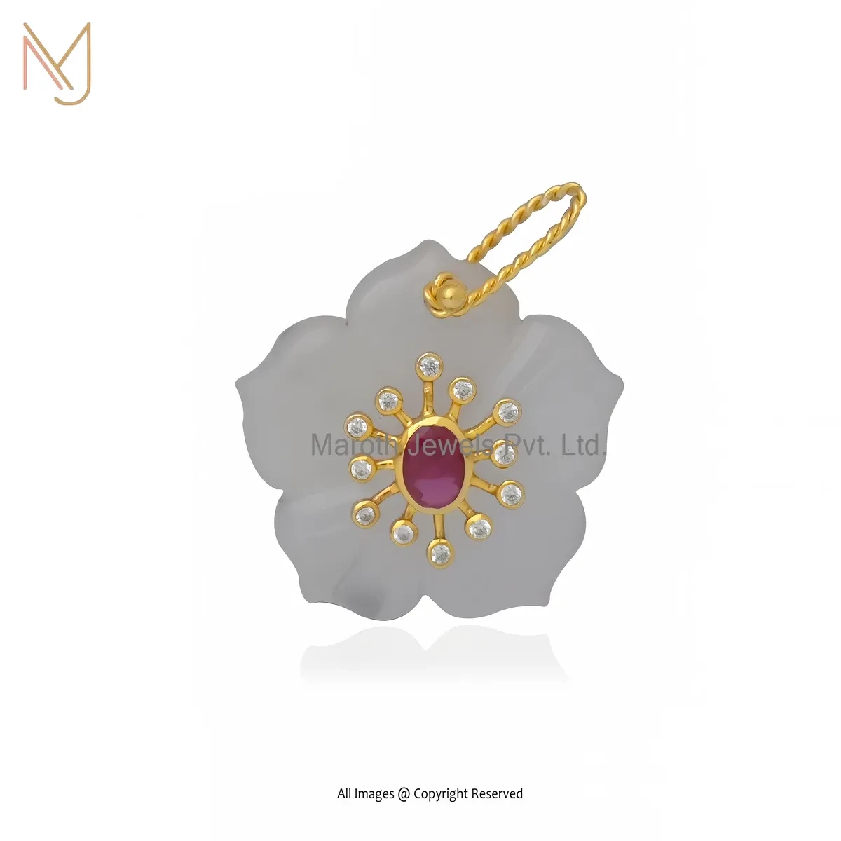 Private Lable 925 Silver Yellow Gold Plated Moonstone And Ruby Cubic Zircon Flower Pendant