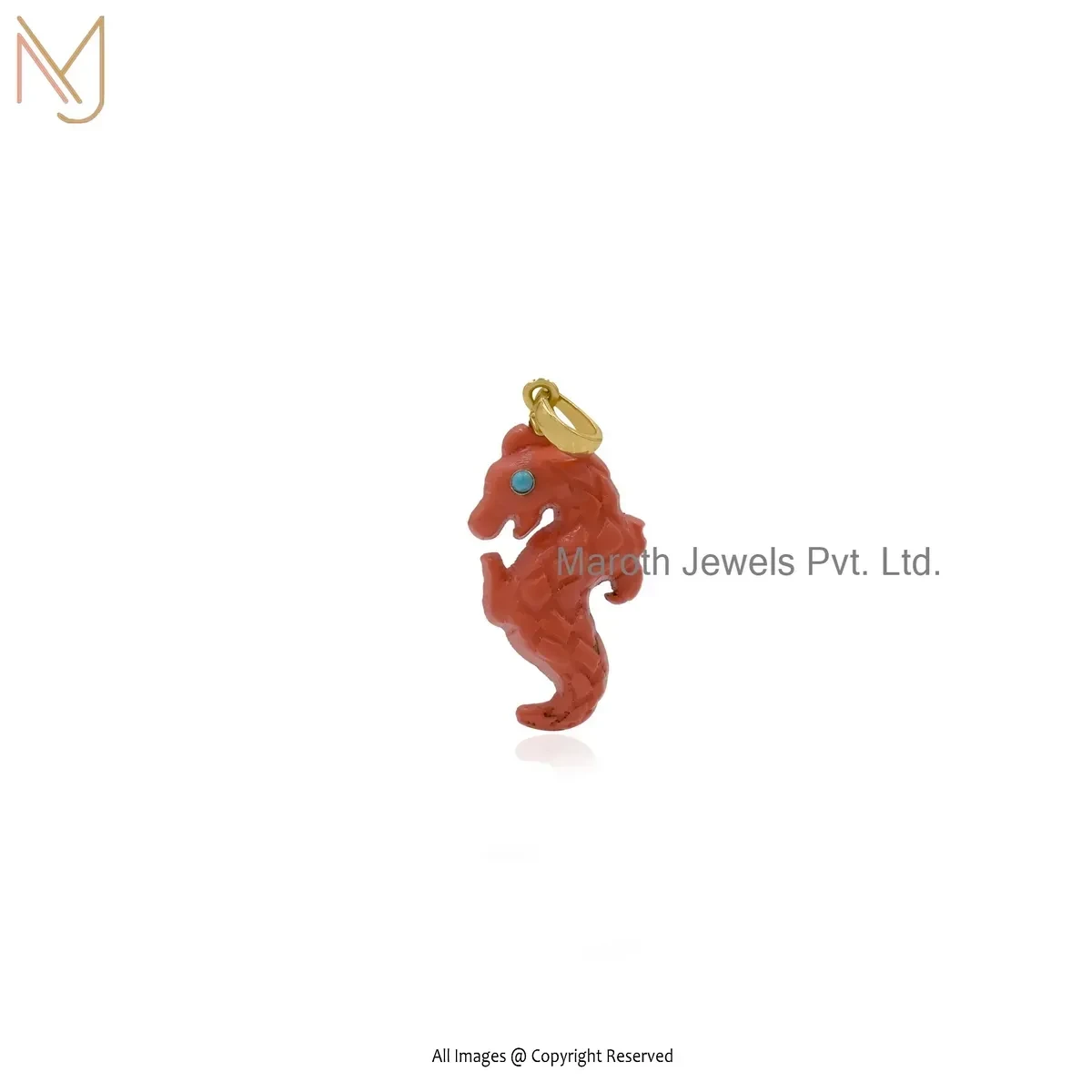 Private Lable 14K Yellow Gold Orange Coral And Turquoise Seahorse Pendant