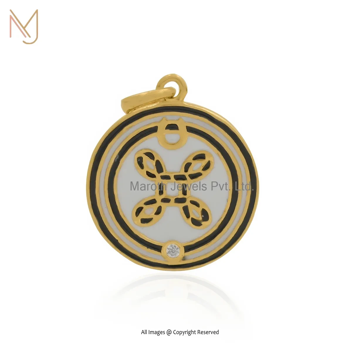 925 Silver Yellow Gold Plated Cubic Zircon & White Enamel And Black Enamel Medallions Pendant USA