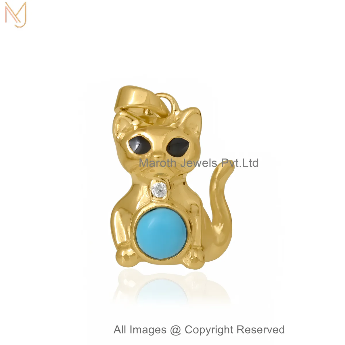 Wholesale 925 Sterling Silver Yellow Gold-Plated Lucky Cat Charm Pendant with Turquoise Stone & CZ Crystal Accent | Cute Kitty Jewelry
