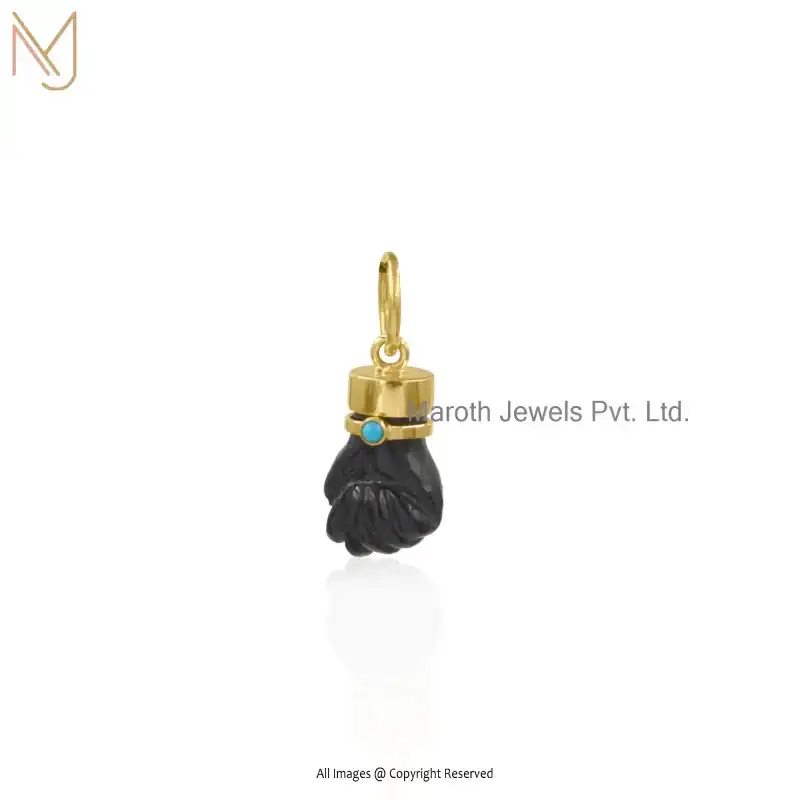 Wholesale 925 Silver Yellow Gold Black Onxy & Turquoise Gemstone Figa Hand Symbol Pendant
