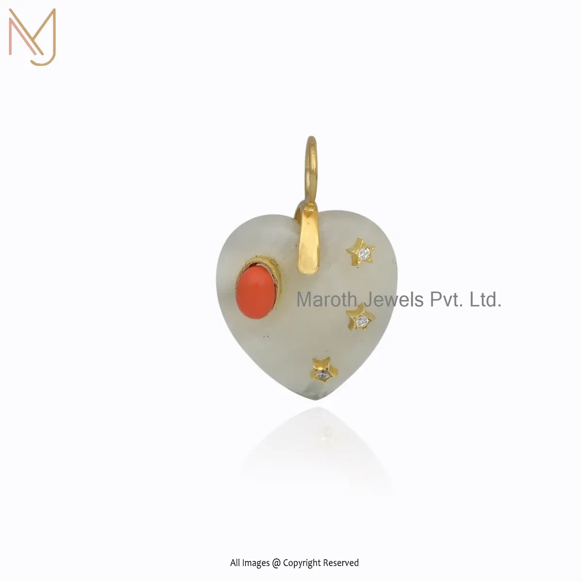 925 Silver Yellow Gold Plated Cubic Zircon & Turquoise & Orange Coral Gemstone Heart Pendant USA