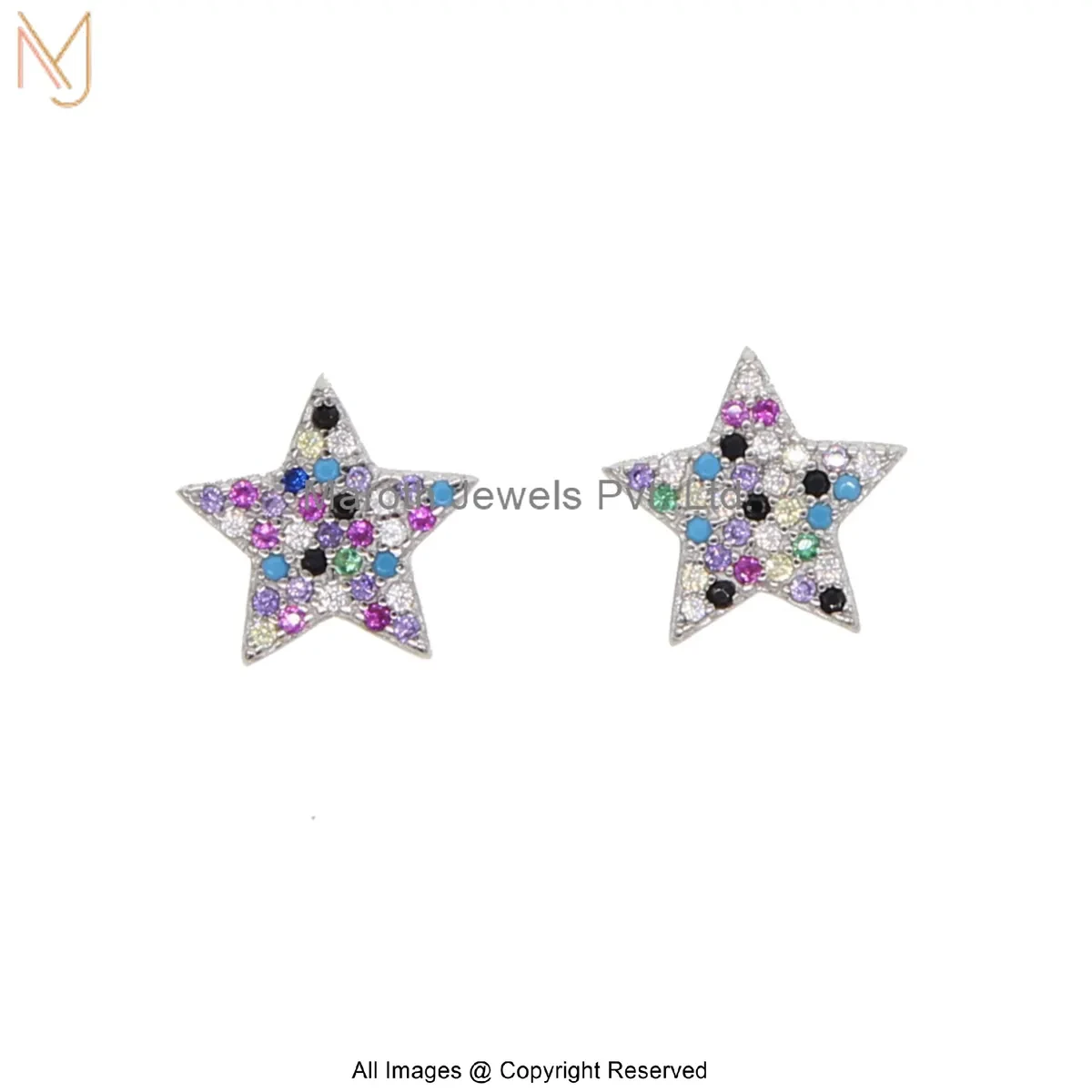 925 Silver White Gold Plated Diamond Multi Gemstone Star Stud Earring Manufacturer