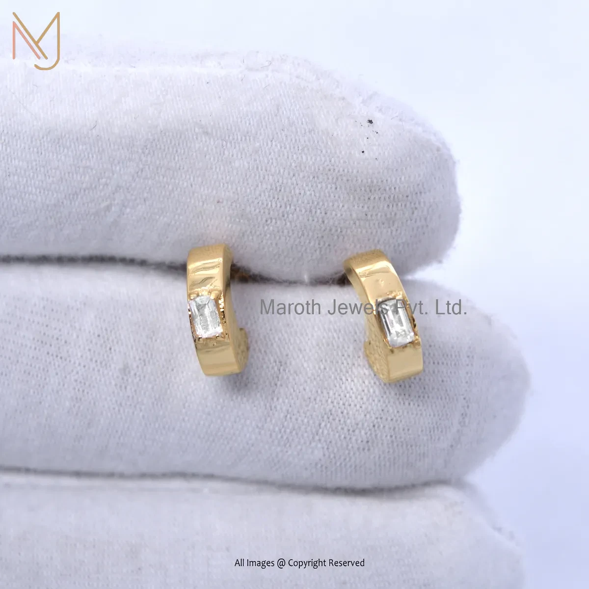 925 Silver Yellow Gold Plated White Topaz Baguette Cut Stud Earring Custom Jewelry