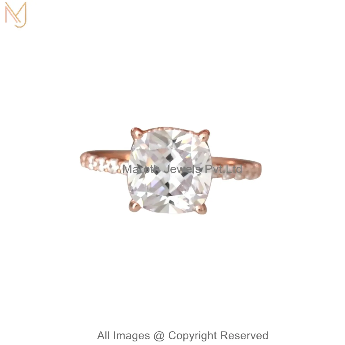 Private Lable 925 Sterling Silver Rose Gold Plated Cushion Cut Solitaire Ring with Accent Stones - Elegant Minimalist Statement Ring