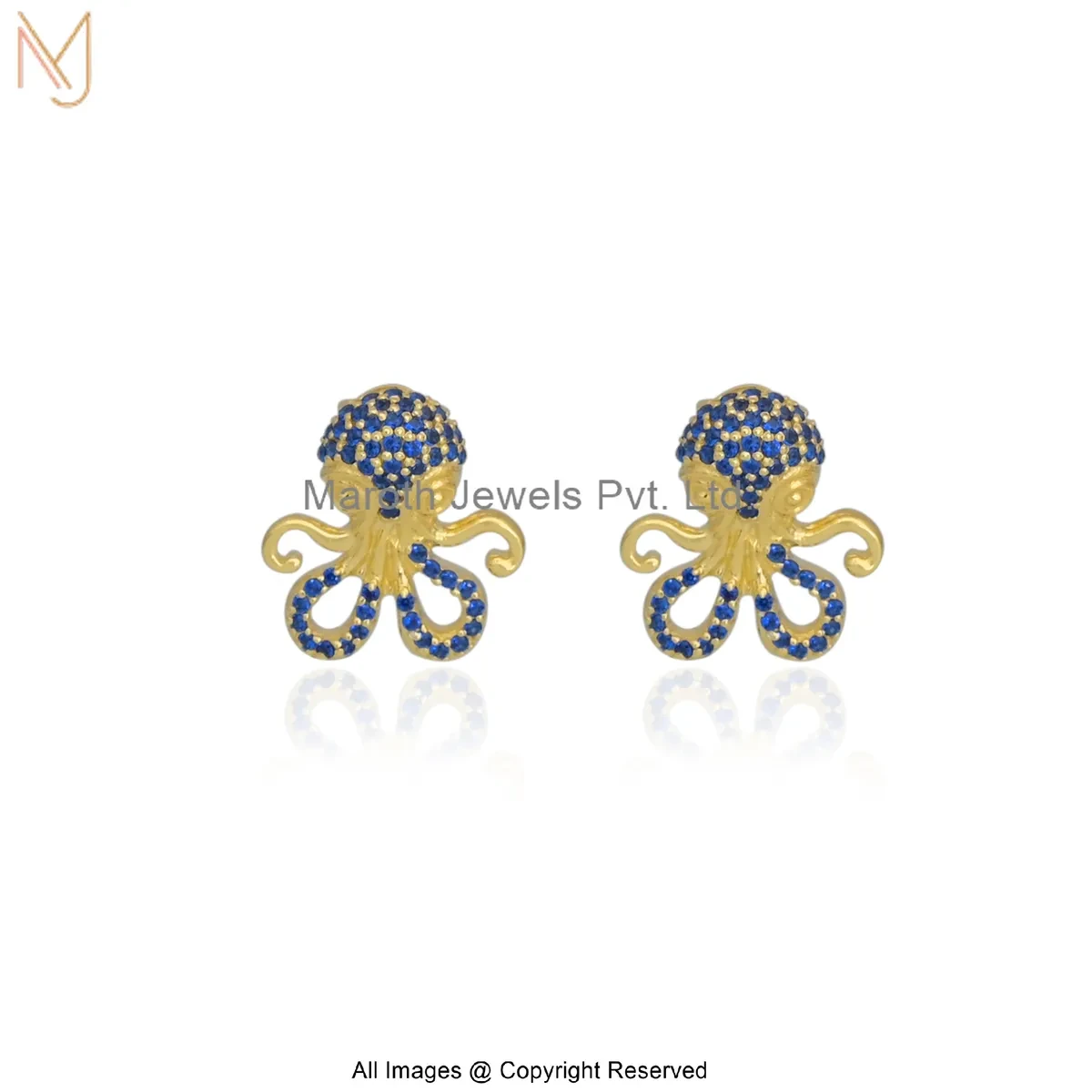 14K Yellow Gold Diamond Ocean Octopus Gemstone Stud Earrings Custom Jewelry