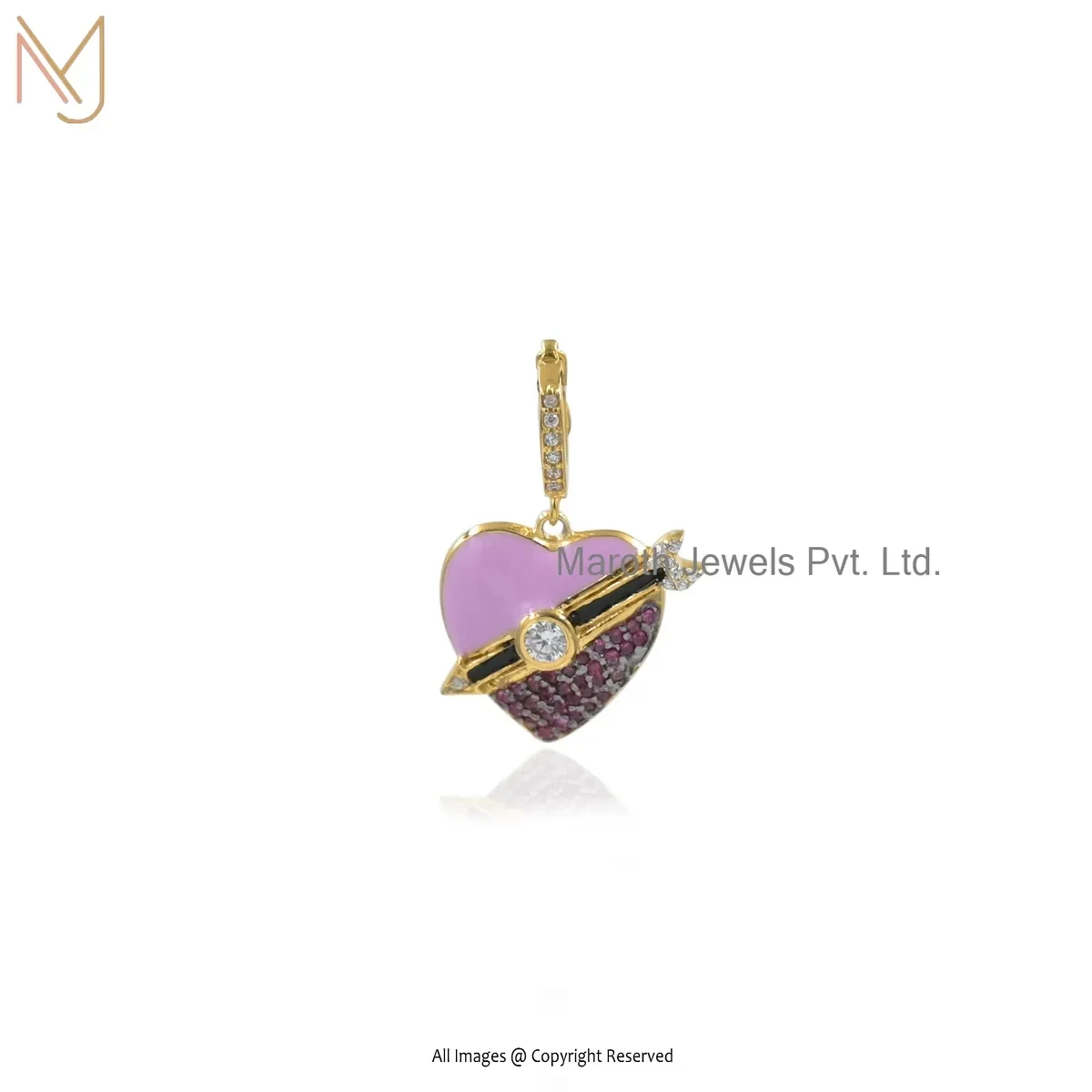 14K Yellow Gold Ruby Cubic Zircon And Enamel Heart Pendant Jewelry USA