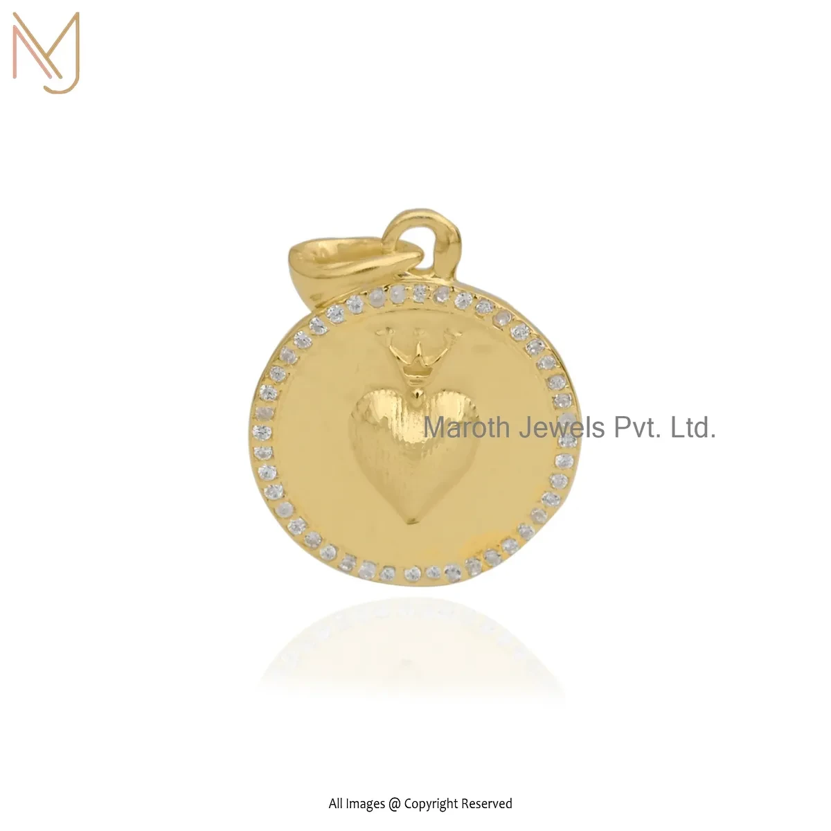 Private Lable 925 Silver Yellow Gold Plated Diamond & Cubic Zircon Gemstone Heart Disc Pendant Jewelry