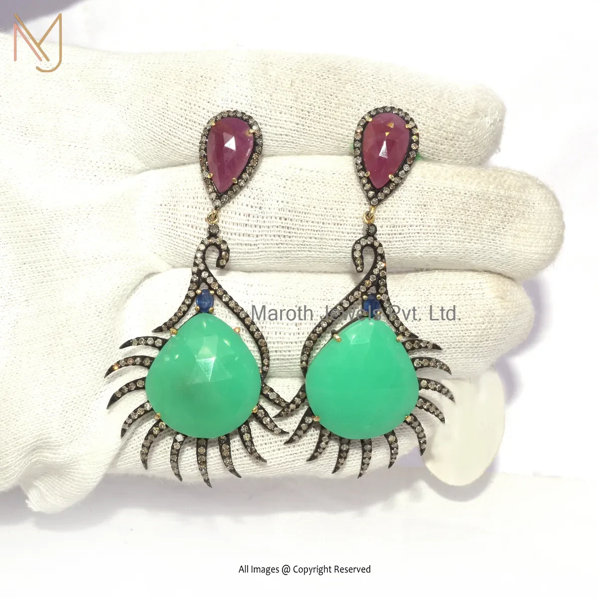 925 Silver Rhodium Yellow Gold Pated Pave Diamond , Ruby , Blue Sapphire , Green Onyx Gemstone Dangle Earring USA