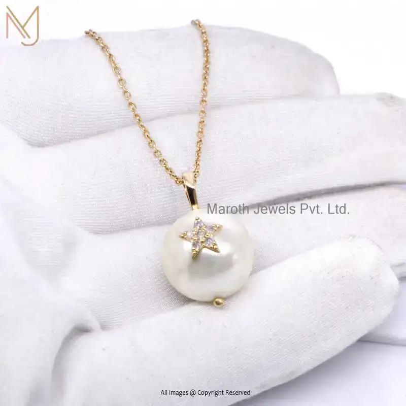 14K Yellow Gold Diamond Pearl Gemstone Ball Star Charm Pendants Manufacturer