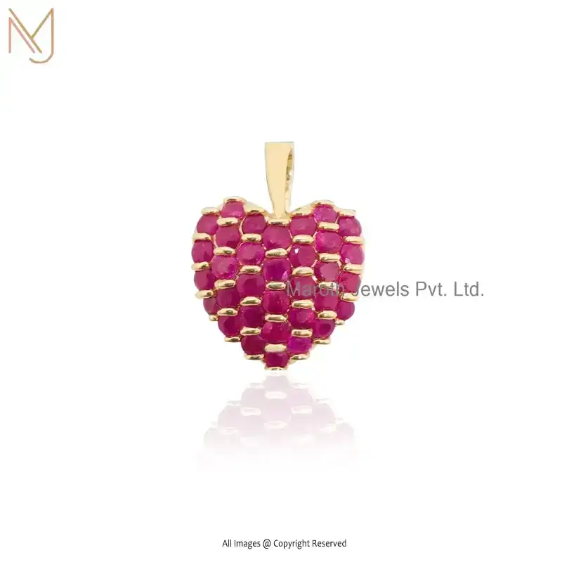 925 Silver Yellow Gold Plated Ruby Heart Gemstone Pendant Custom Jewelry