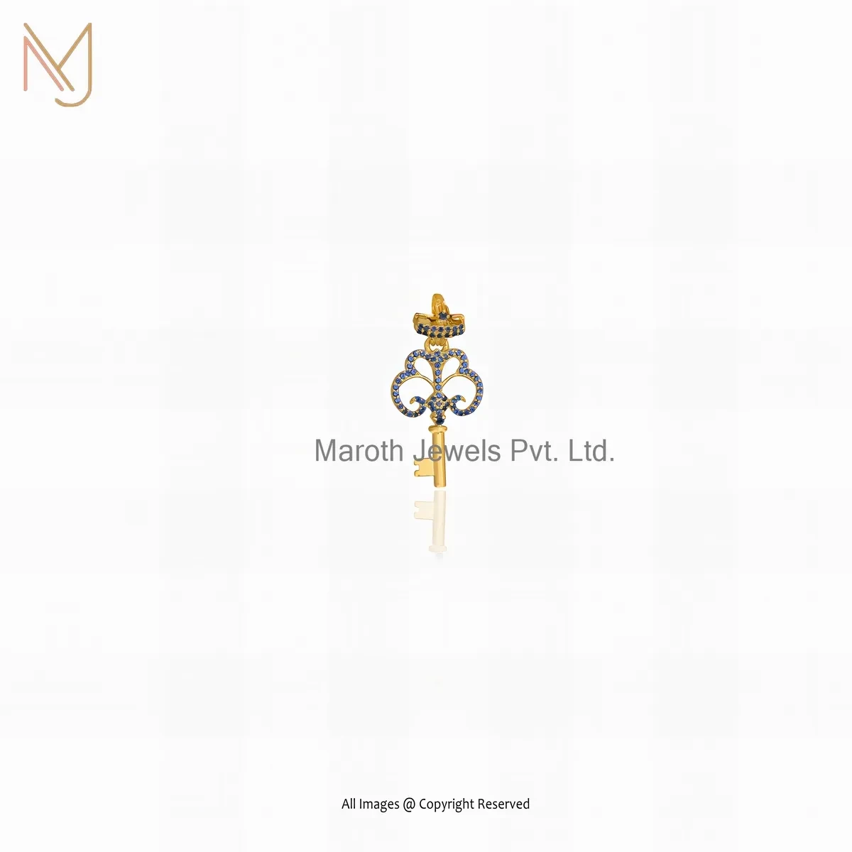 925 Silver Yellow Gold Plated Blue Sapphire Crown Key Pendant Manufacturer