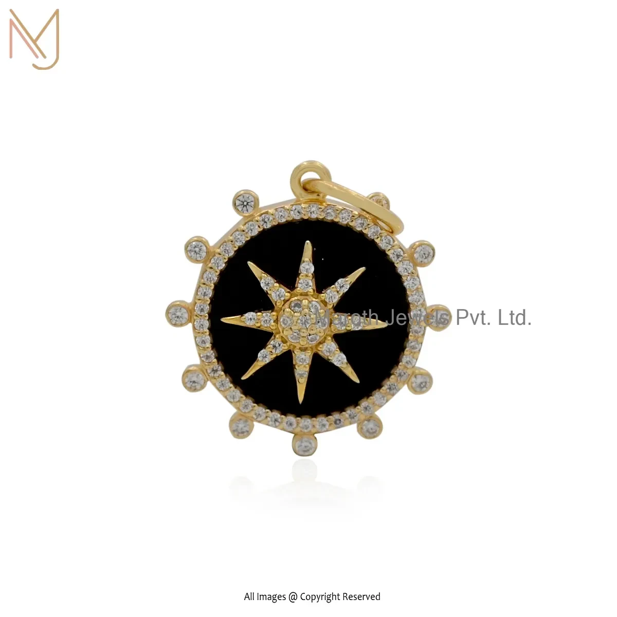 Private Lable 925 Silver Yellow Gold Plated Cubic Zircon & Black Onyx Starburst Pendant