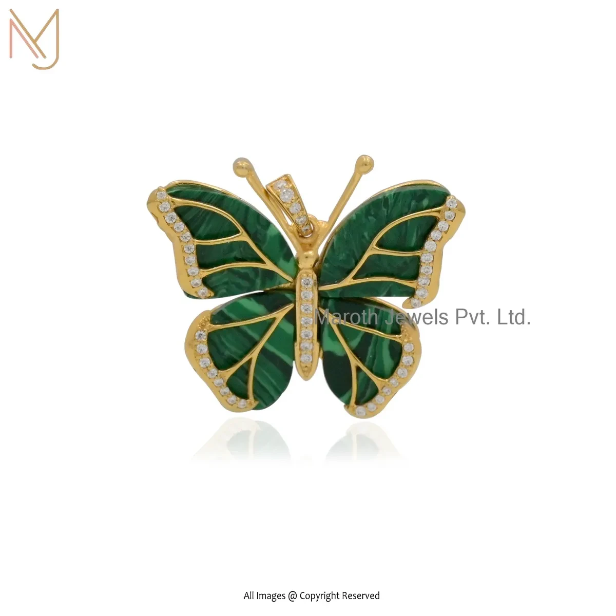 Wholesale 925 Silver Yellow Gold Plated Malachite And Moissanite Butterfly Pendant