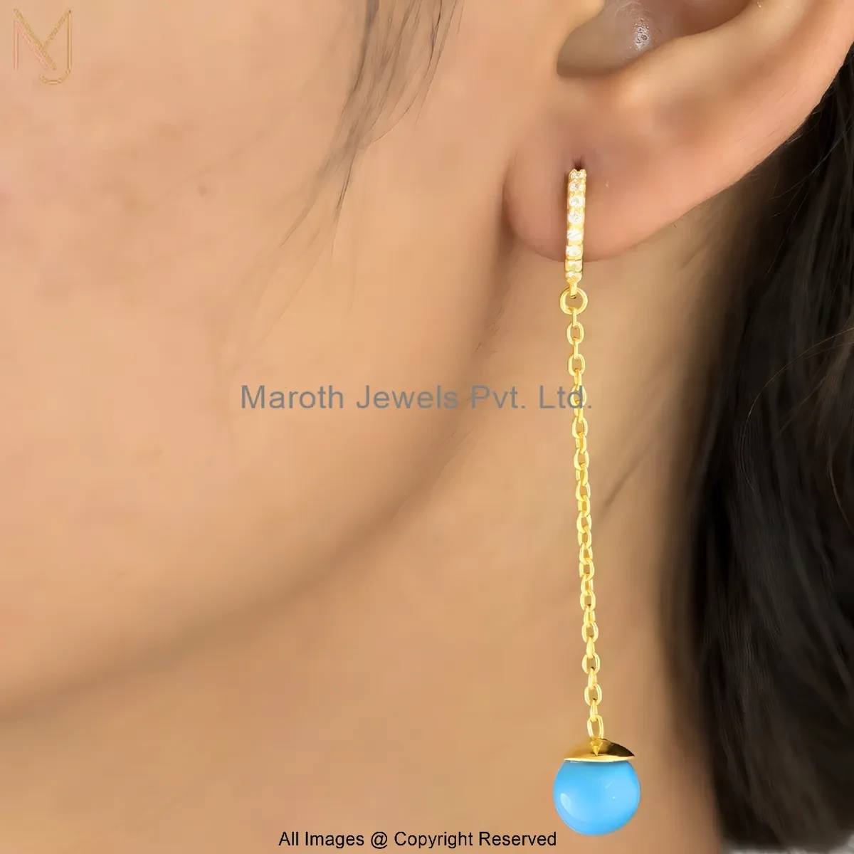 14K Yellow Gold Diamond Cubic Zircon Minimal Turquoise Chain Drop Earring Jewelry Supplier
