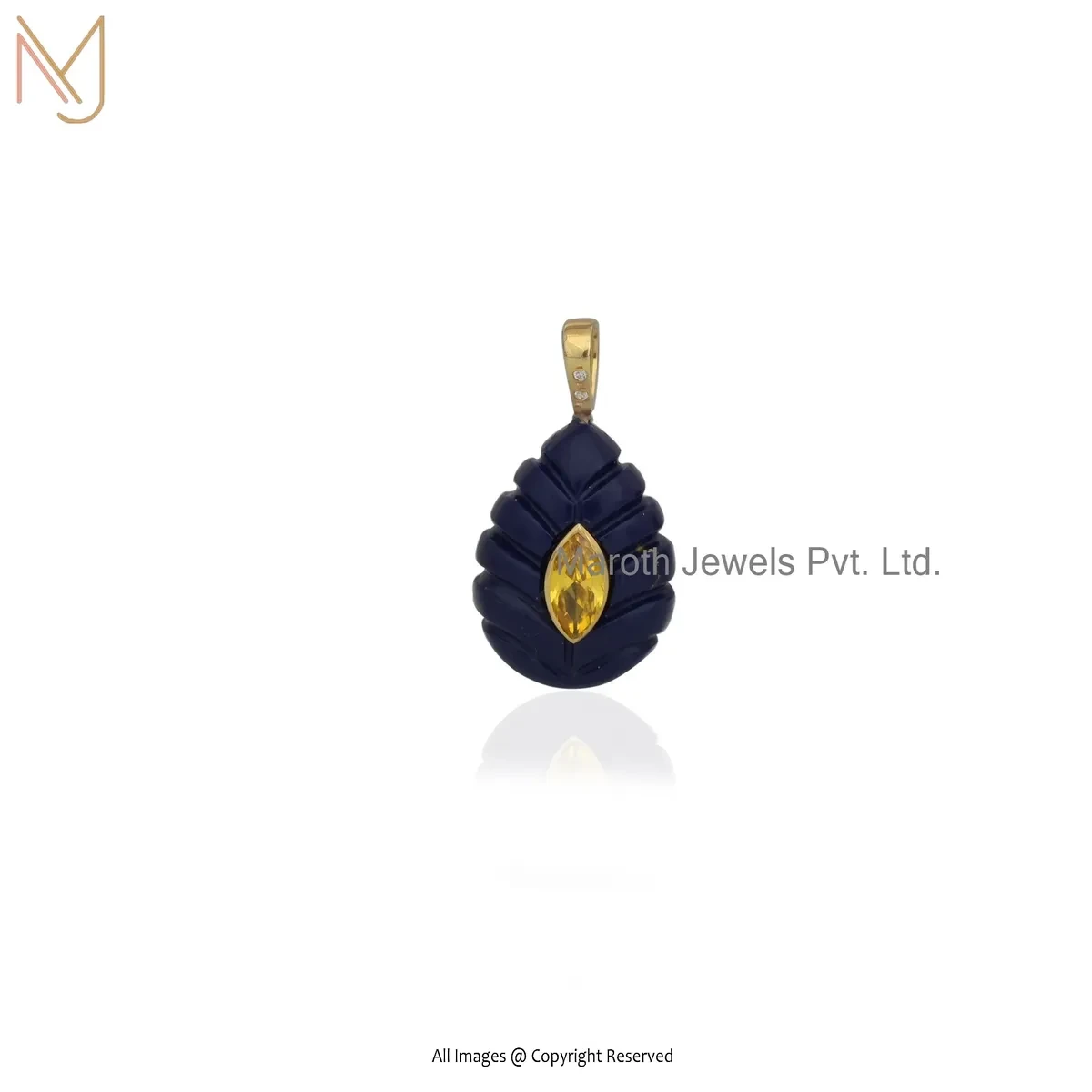 14K Yellow Gold Cubic Zircon & Lapiz Lazuli And Citrine Gemstone Pendentif Flamme lapis Pendant USA
