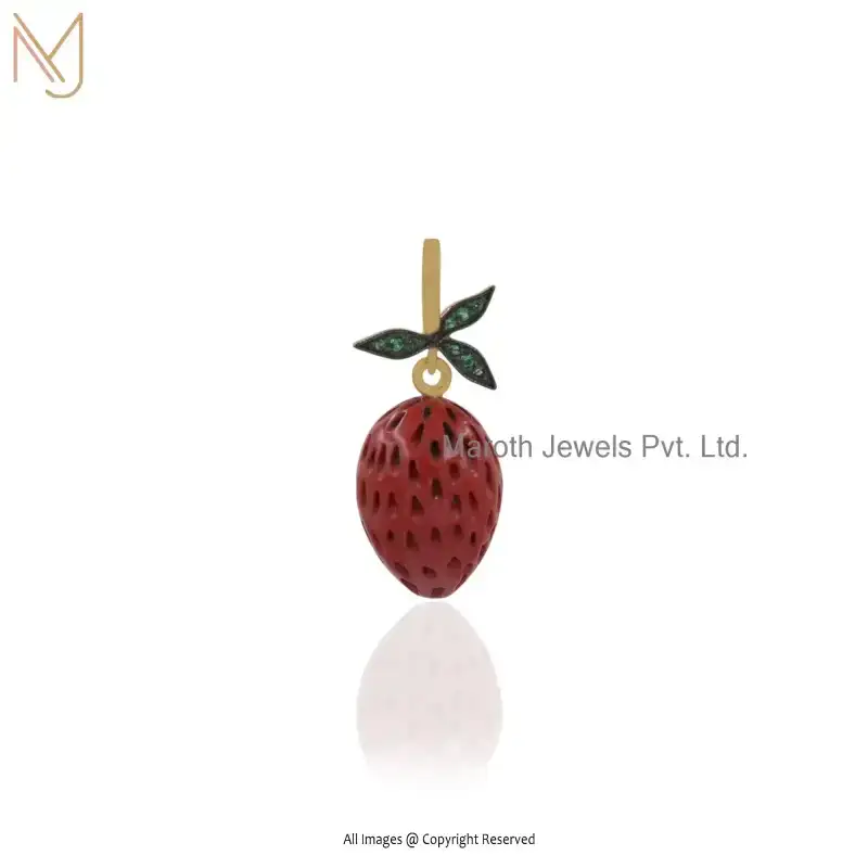 Wholesale 14K Yellow Gold Red Coral & Green CZ Strawberry Pendant