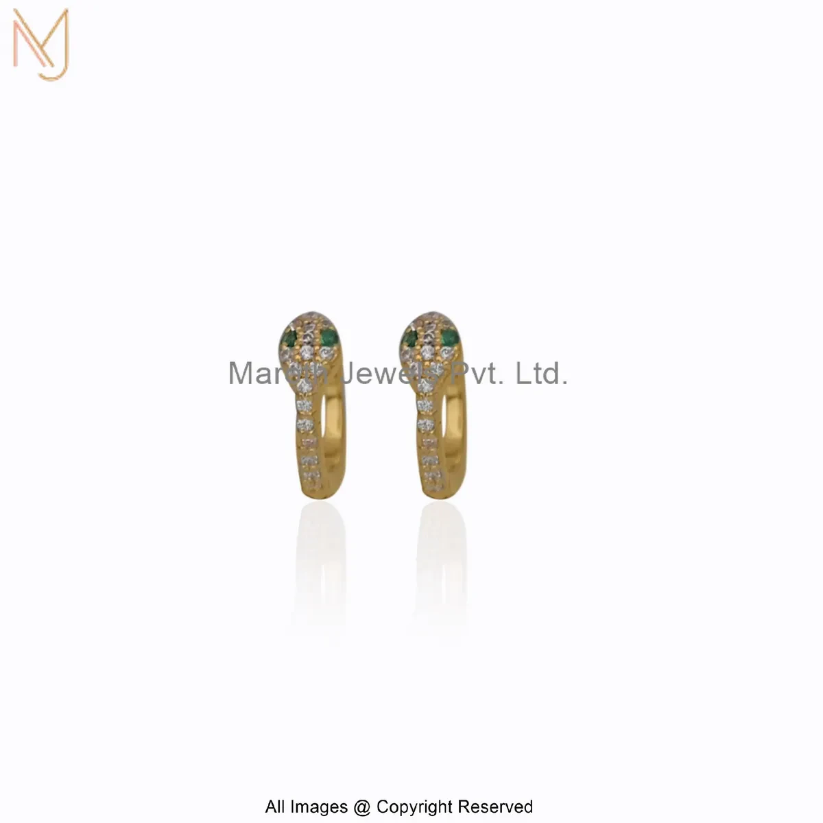 14K Yellow Gold Diamond Cubic Zircon Emerald Snake Huggies Earring Custom Jewelry
