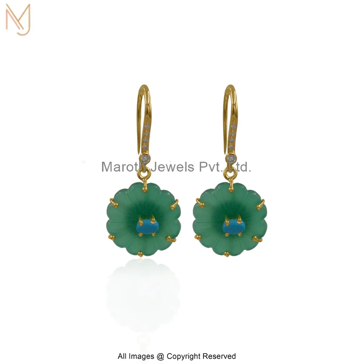 14K Yellow Gold Diamond Cubic Zircon Gemstone Green Blossom Floral Drop Earrings USA