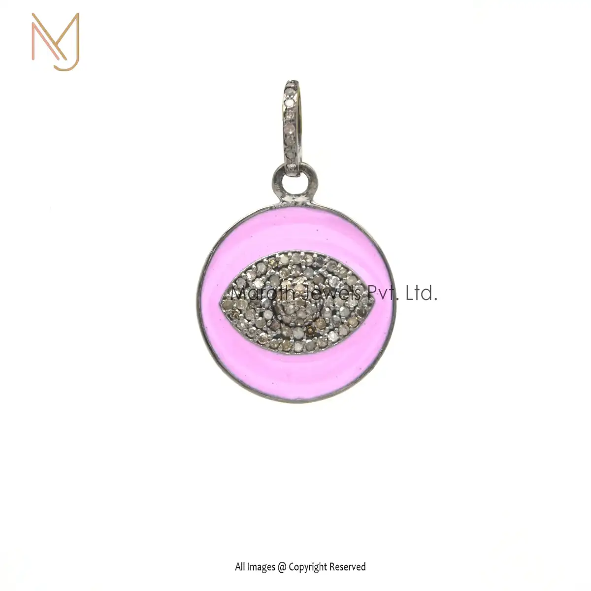14K White Gold Pave Diamond Pink Enamel Evil Eye Disc Pendant Jewelry USA