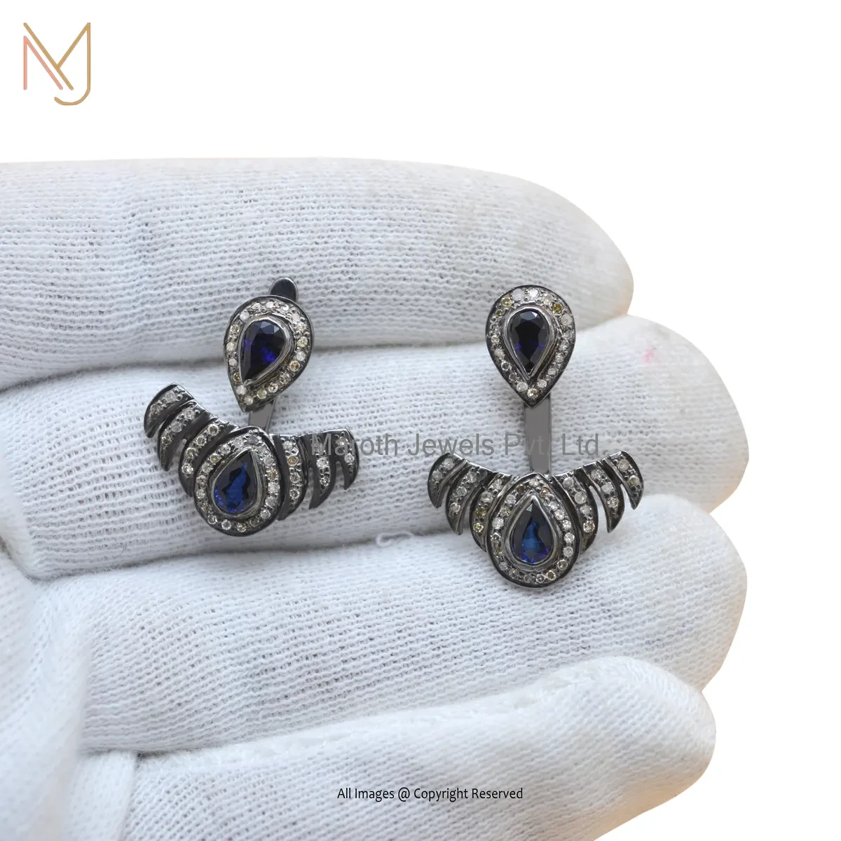 14K Yellow Gold Blue Sapphire Gemstone Pave Dimaond Earring Manufacturer