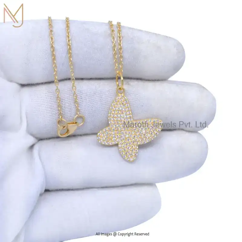 Wholesale 925 Silver Yellow Gold Plated Diamond Cubic Zircon Butterfly Pendant