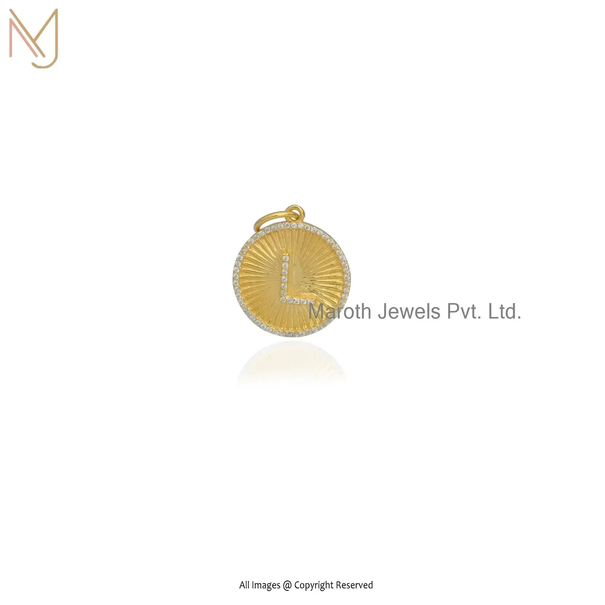 Wholesale 14K Yellow Gold Cubic Zircon Fluted Disc Medallion Initial L Letter Pendant
