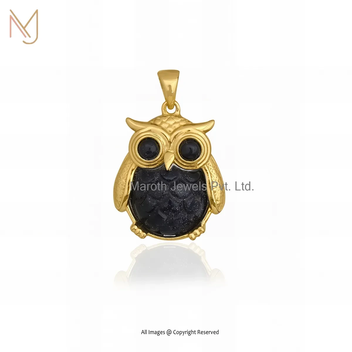 14K Yellow Gold Blue Sunstone Owl Pendant Custom Jewelry