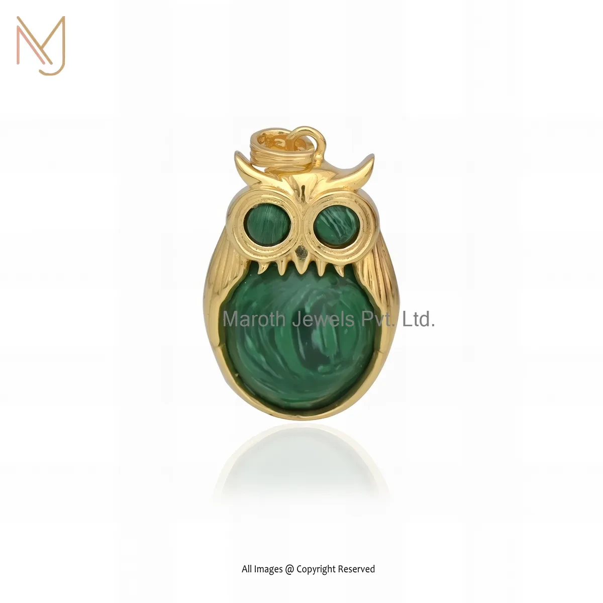 14K Yellow Gold Malachite Gemstone Owl Pendant Manufacturer
