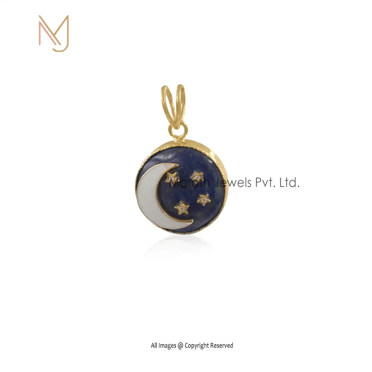 Wholesale 14K Yellow Gold Lapis Lazuli & CZ Star Moon Disc Pendant Jewelry