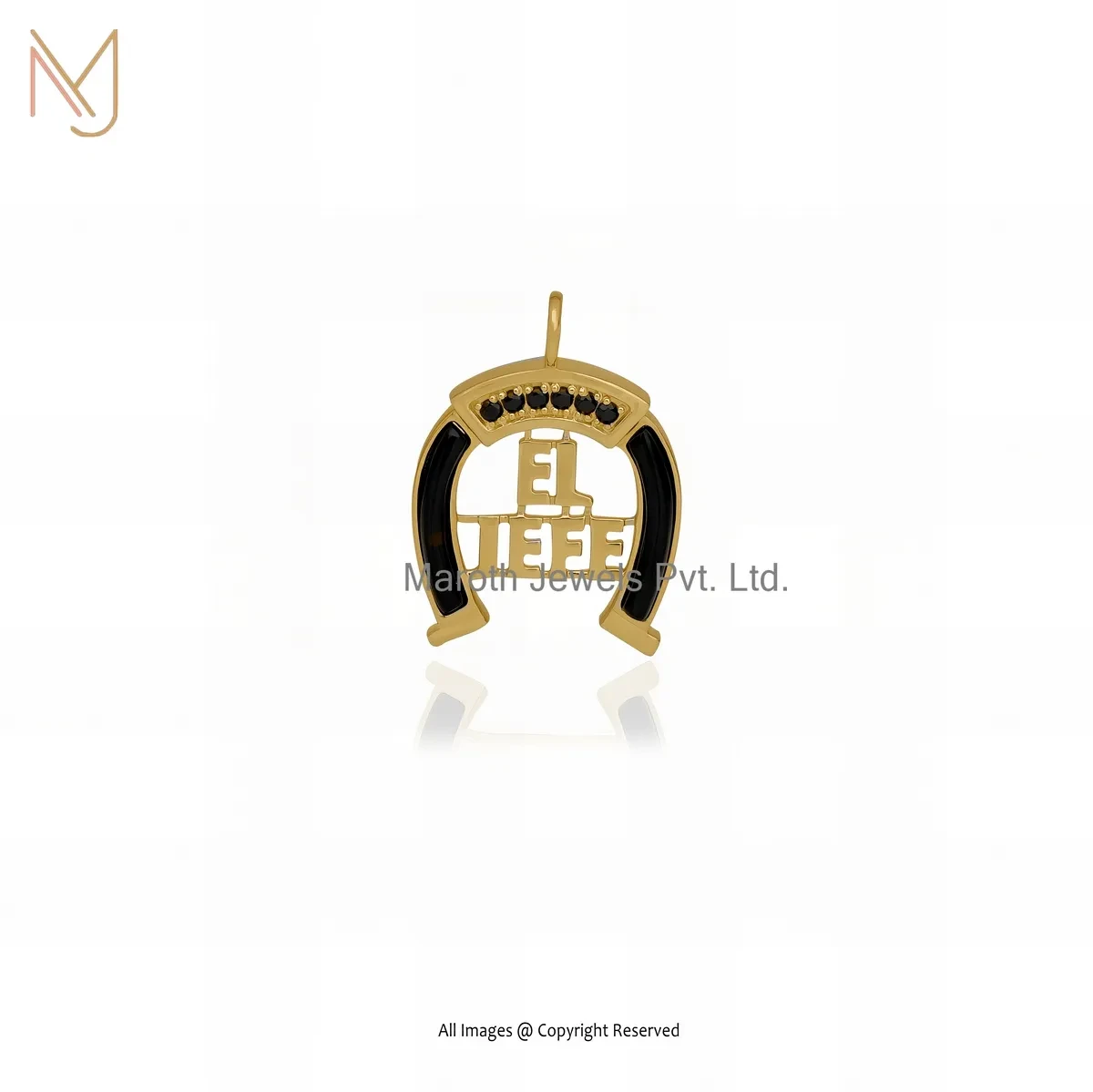 14K Yellow Gold Black Onyx & Black Tourmaline Letter Horseshoe Pendant Manufacturer