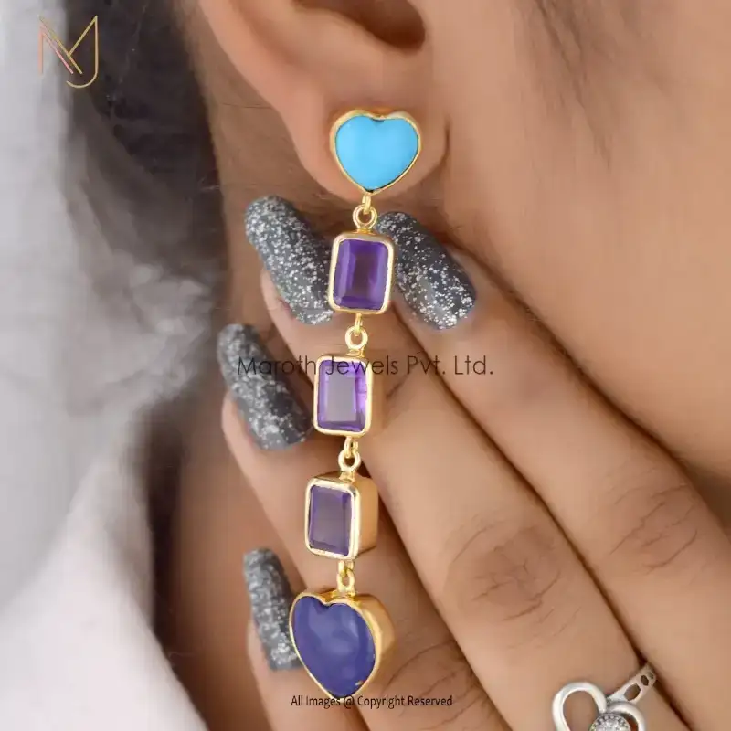 925 Silver Yellow Gold Tourquoise Plated Earrings With Natural Gemstone Manufacturer