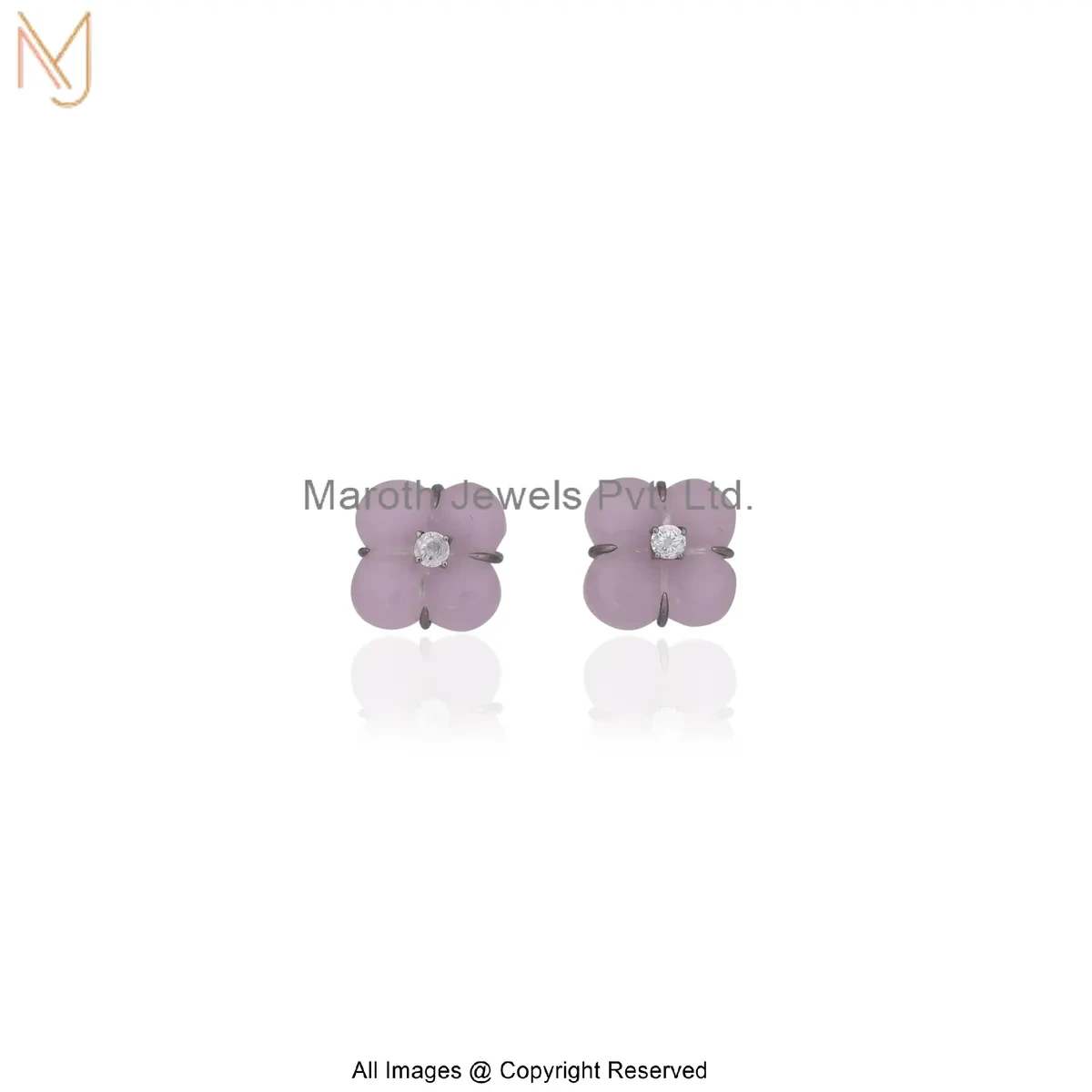 925 Silver Rhodium Plated Rose Quartz Cubic Zircon Lavender Four-Petal Crystal Stud Earrings USA