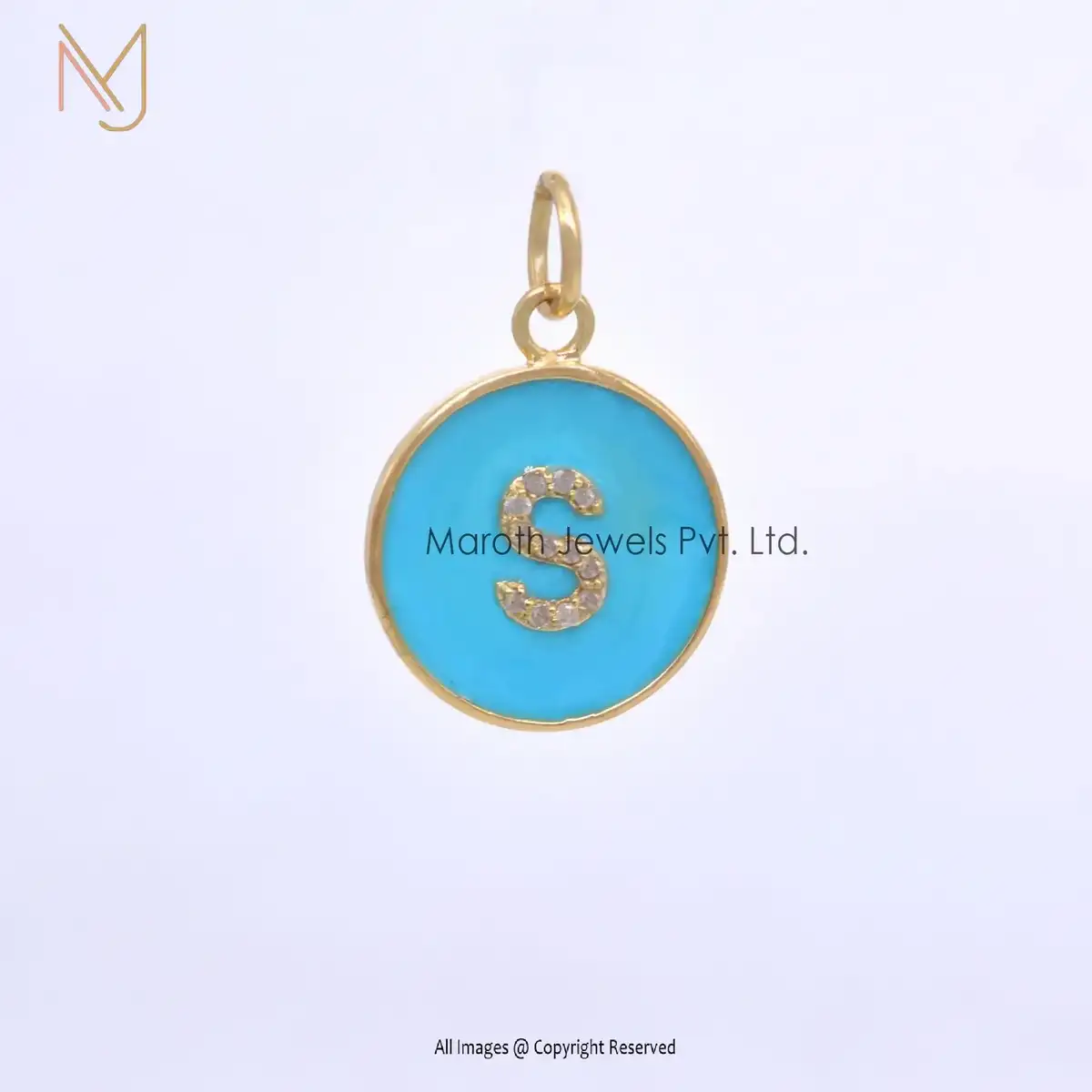 Private Lable 14K Yellow Gold Turquoise Enamel & Moiissanite Initials Pendant Diamond Jewelry